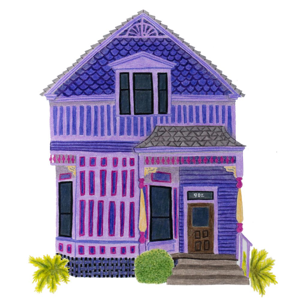 Custom illustrated house portrait of a purple Victorian home with ornate trim, decorative details, and charming architectural features in a hand-painted artistic style