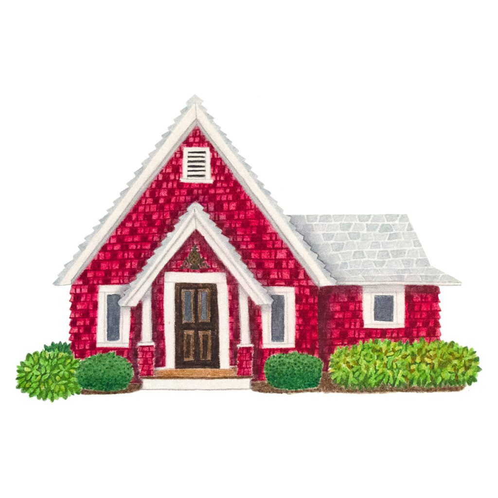 Custom illustrated house portrait of a charming red cottage with cozy architectural details in a whimsical storybook watercolor style