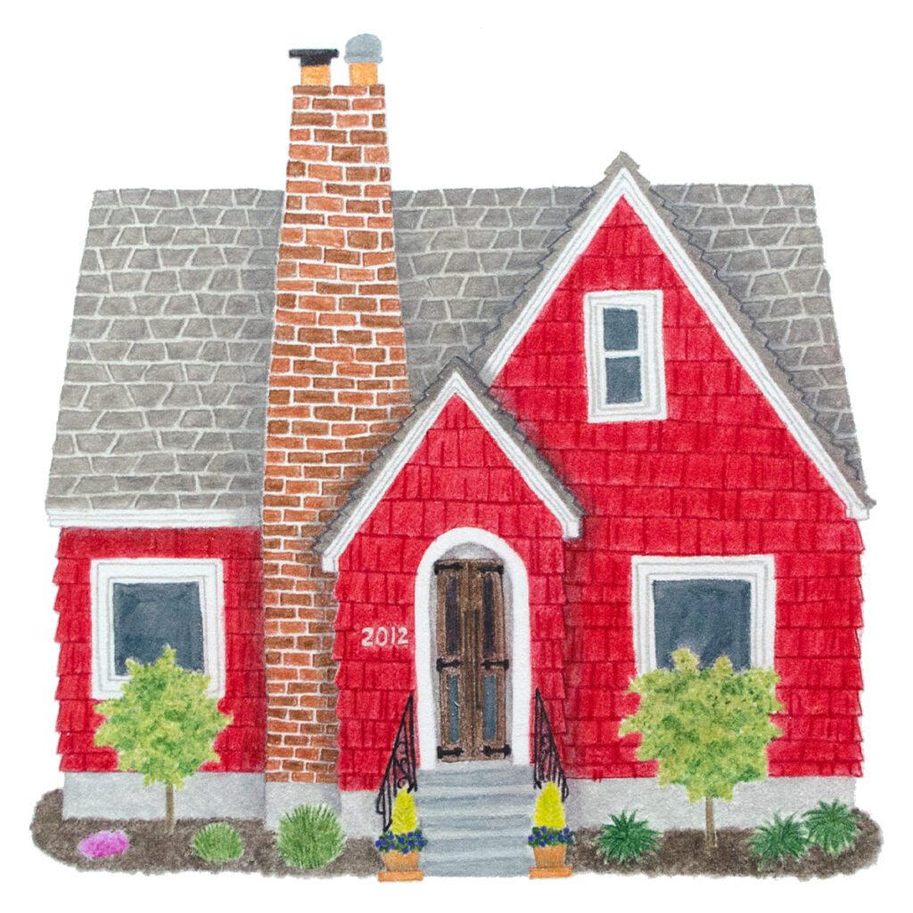 Custom illustrated house portrait of a red Craftsman home with detailed woodwork, wide eaves, and charming architectural features in a whimsical storybook watercolor style