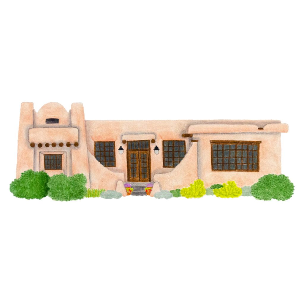 Custom illustrated house portrait of a Santa Fe style adobe home with southwestern architectural details, rounded edges, and warm tones in a whimsical painterly style