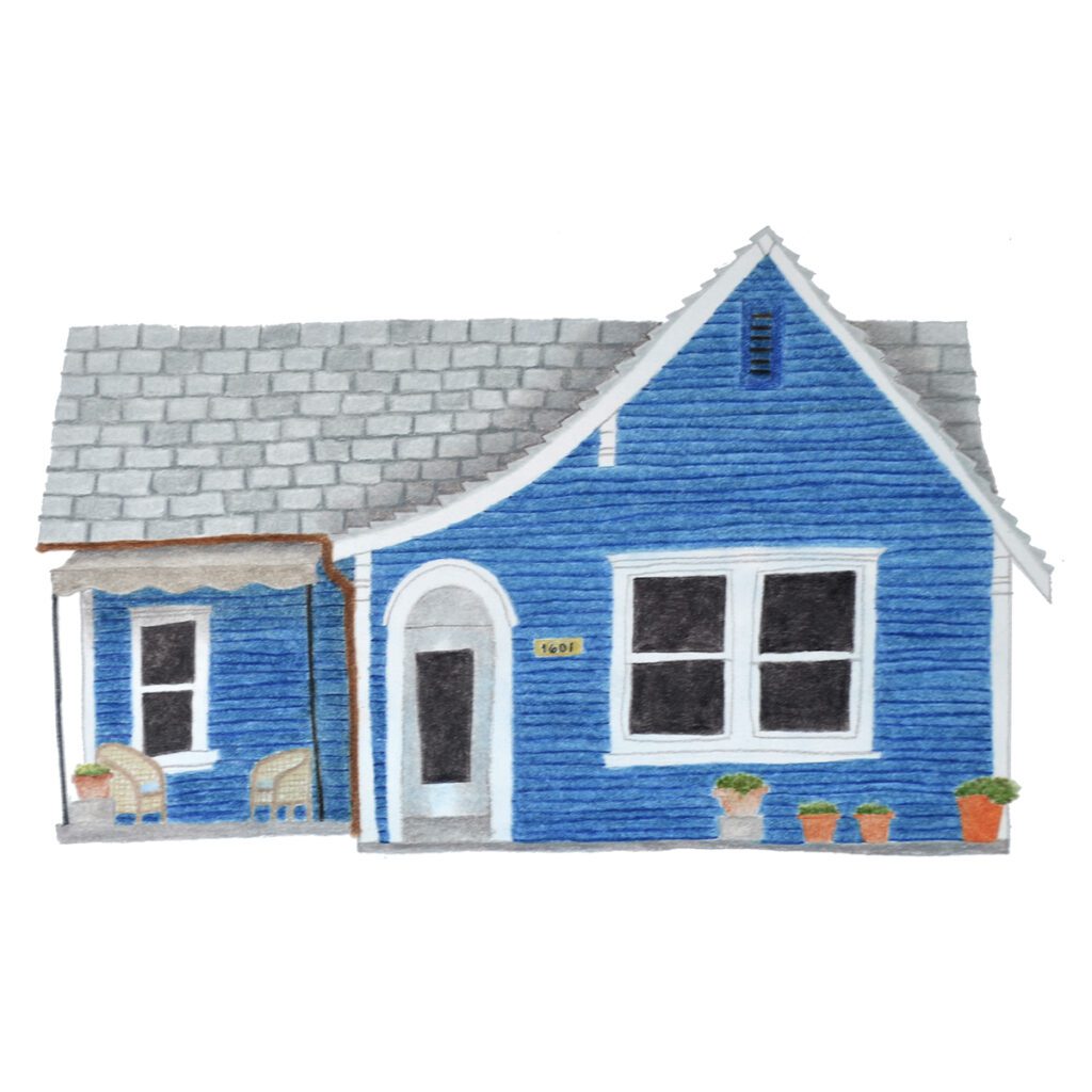 Custom illustrated house portrait of a cute small blue house with charming details in a whimsical storybook watercolor style