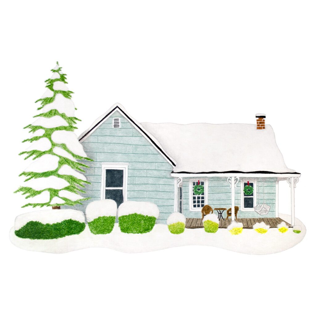 Custom house portrait illustration of a classic craftsman style home surrounded by snow, hand-painted with cozy winter charm and fine detail