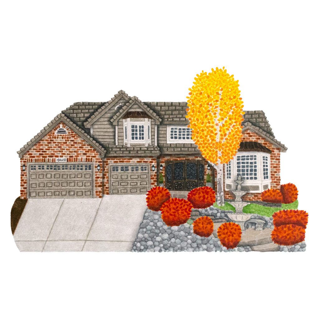 Custom house portrait illustration of a suburban home surrounded by vibrant fall foliage, autumn trees, and seasonal colors in a hand-painted style
