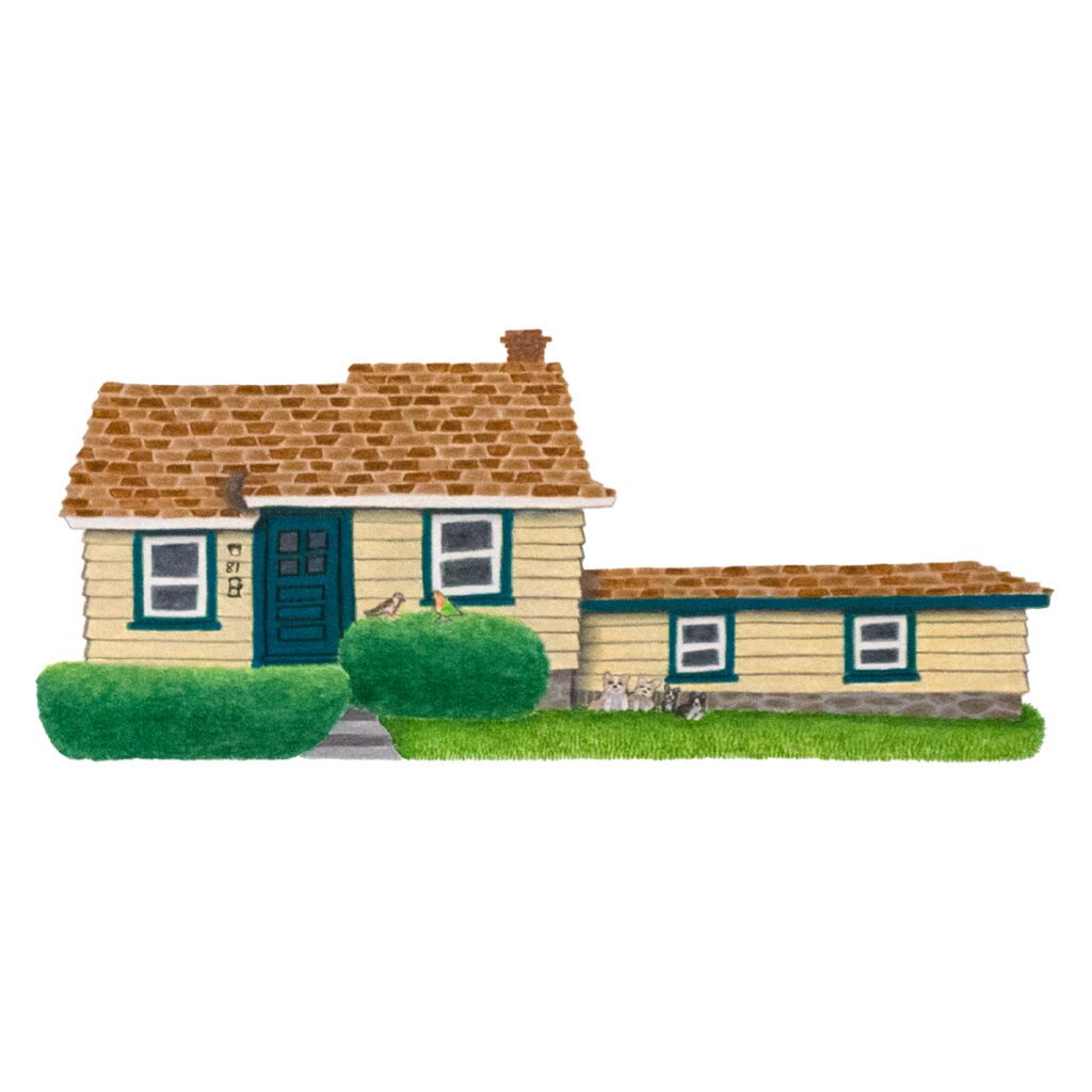 Custom illustrated portrait of a whimsical wonky house with playful dogs and birds, featuring quirky architectural details in a hand-drawn artistic style