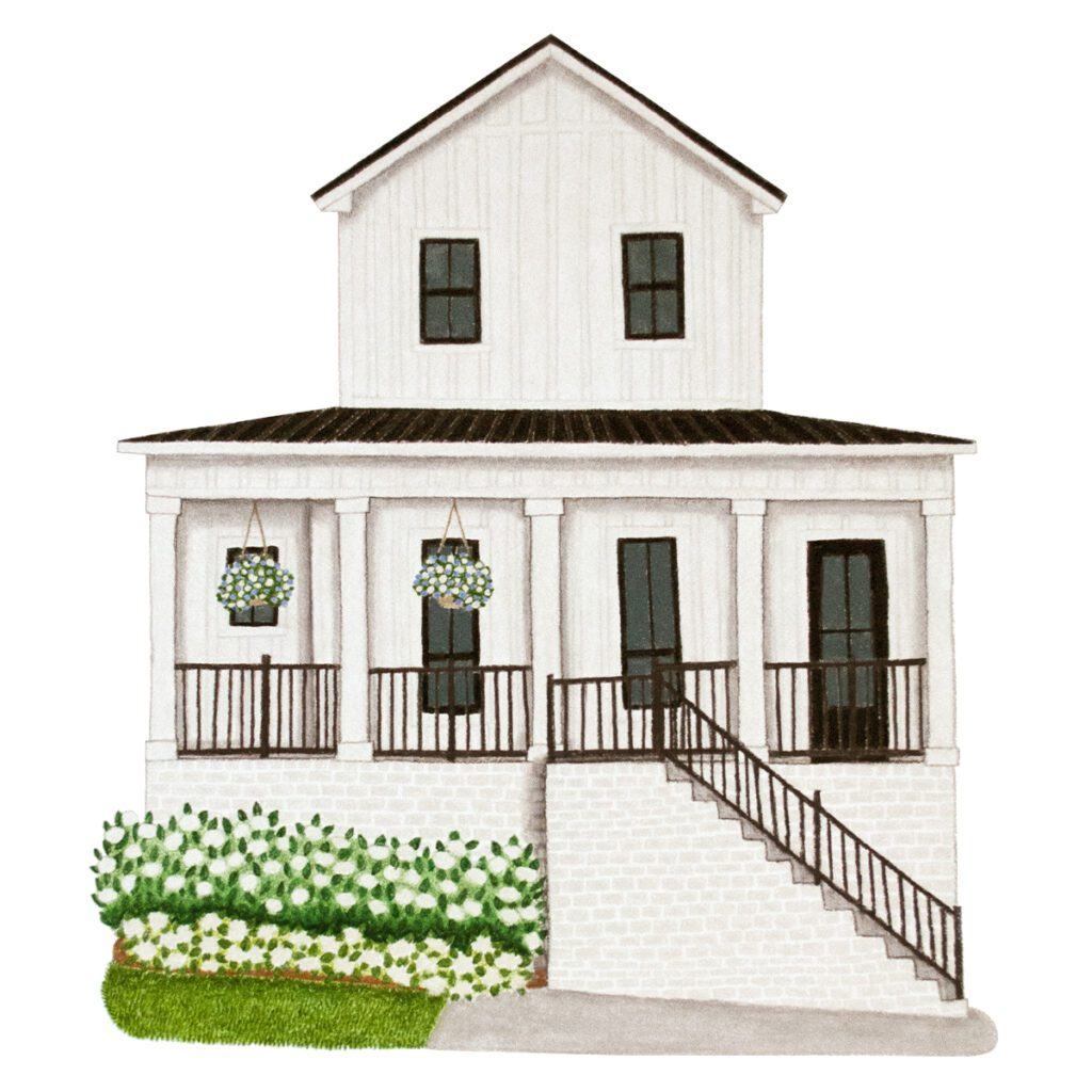 Custom house portrait illustration of a white farmhouse with rustic charm, pitched roof, and surrounding countryside in a hand-painted artistic style