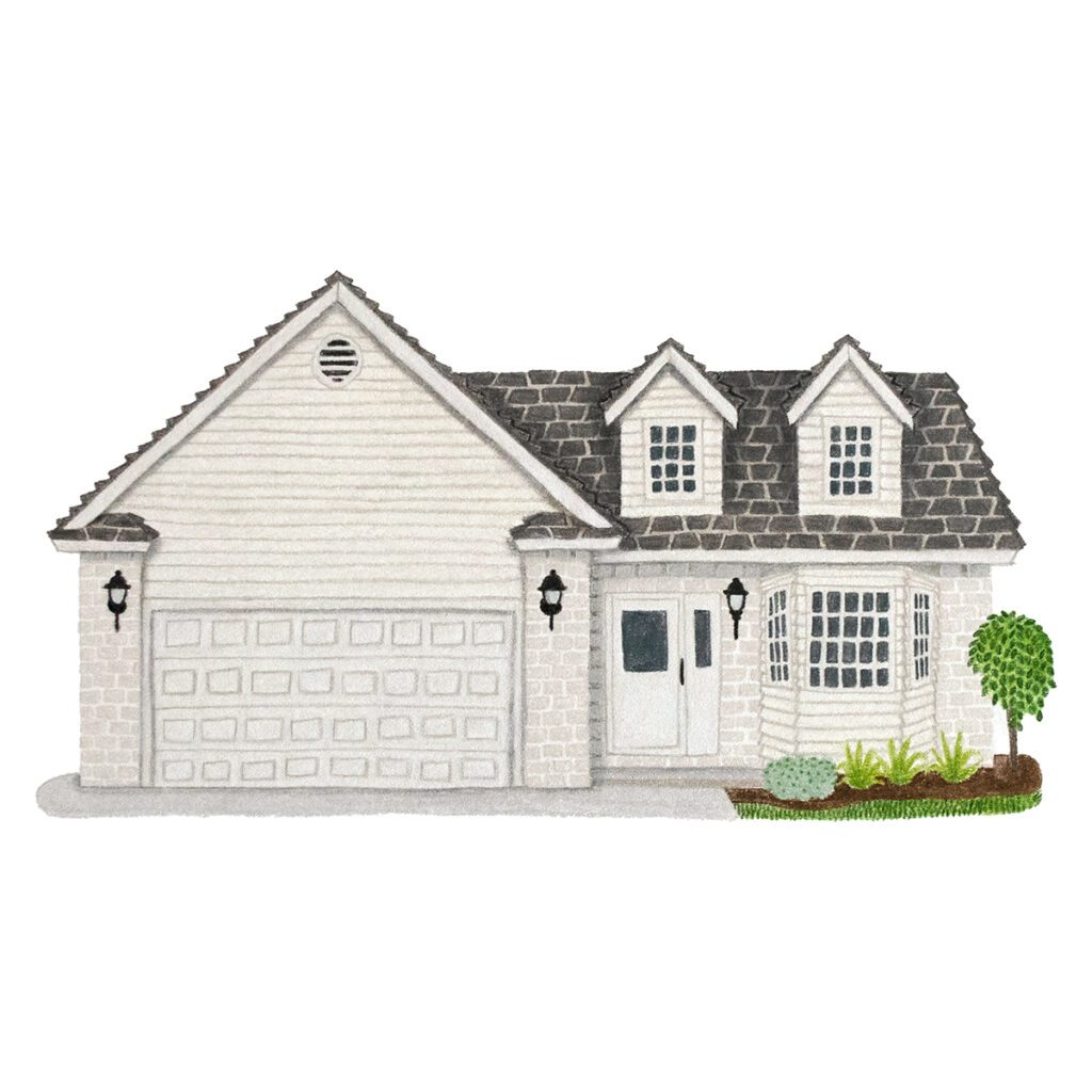 Custom house portrait illustration of a white suburban home with charming details, landscaped yard, and hand-painted artistic style