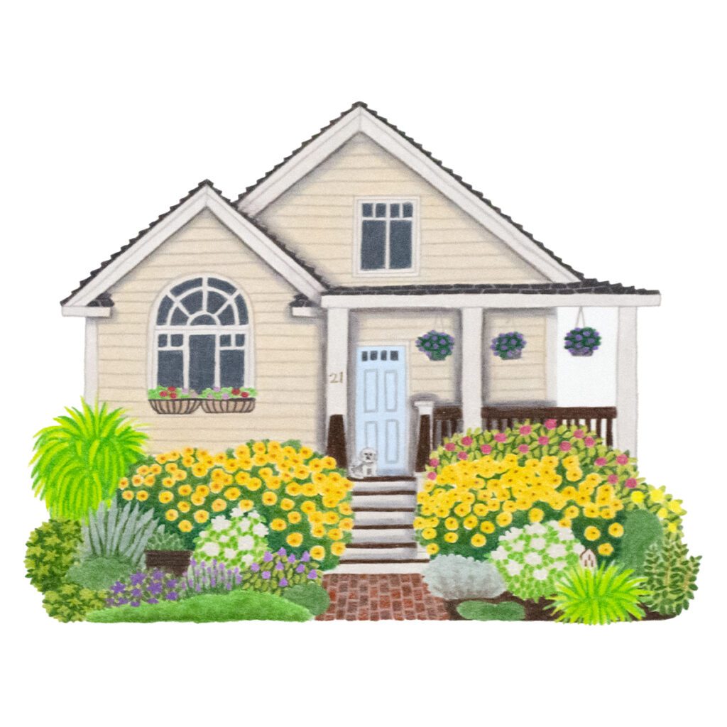 Custom illustrated house portrait of a yellow home surrounded by a large, colorful flower garden with charming architectural details in a hand-painted artistic style