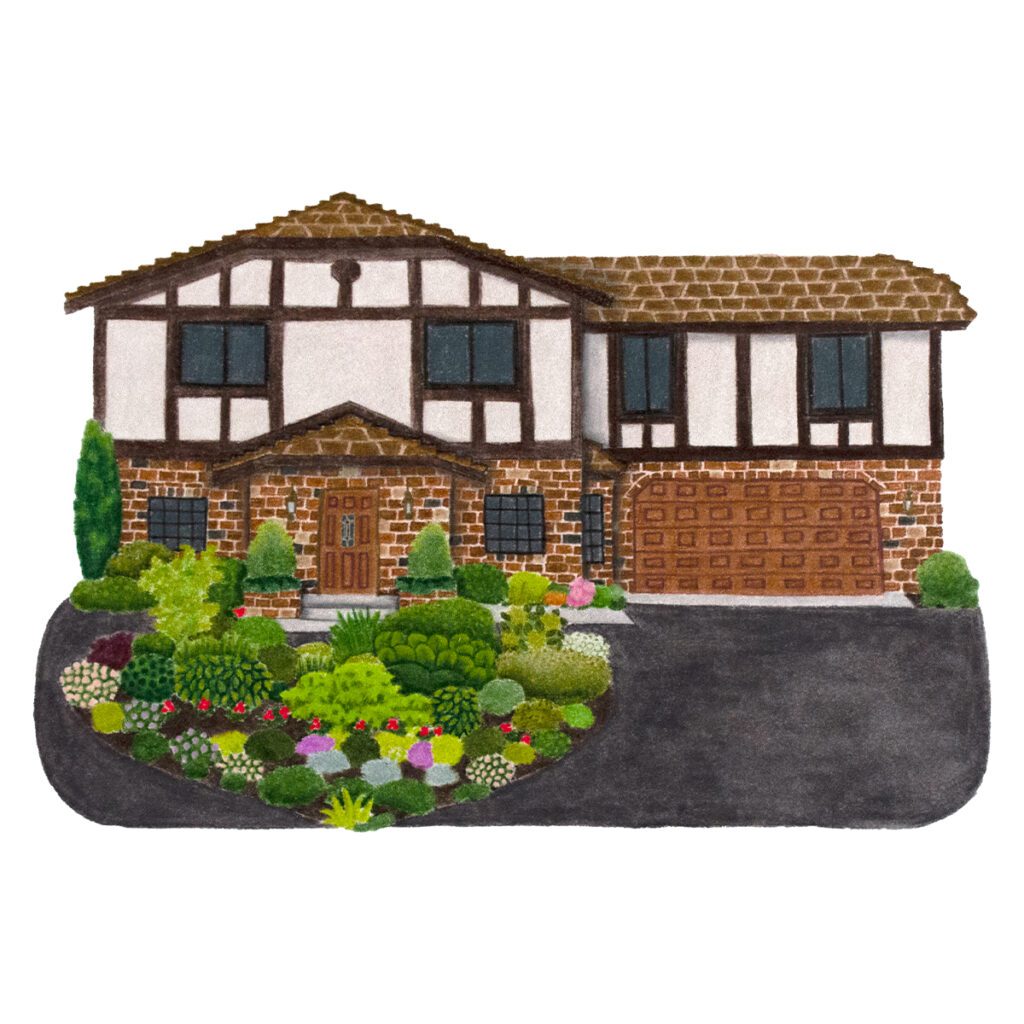 Charming illustrated portrait of a suburban Tudor home with classic brick and timber details, a personalized house artwork for gifts and decor