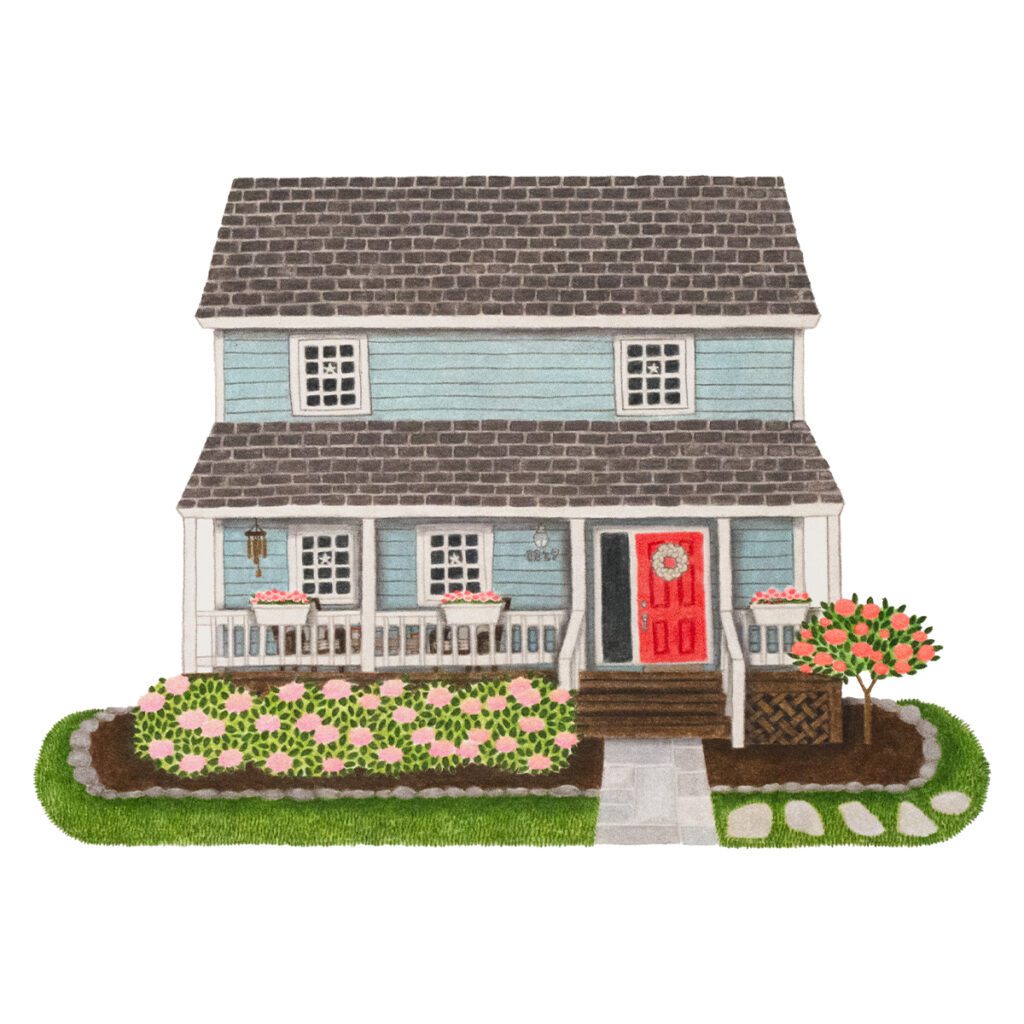 Custom illustrated portrait of a cute blue cottage with charming architectural details, cozy atmosphere, and hand-drawn artistic style