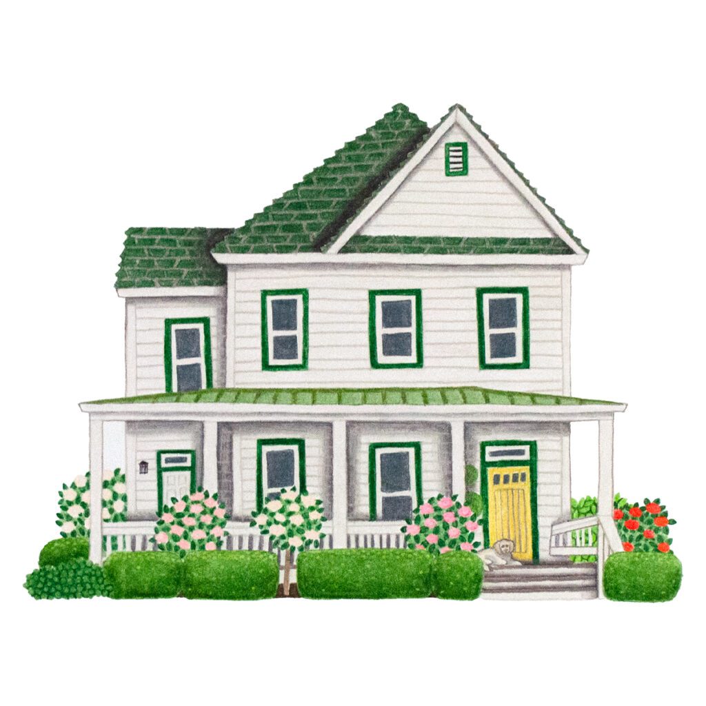 Custom illustrated portrait of a charming farmhouse surrounded by a blooming rose garden, with rustic architectural details in a hand-drawn artistic style