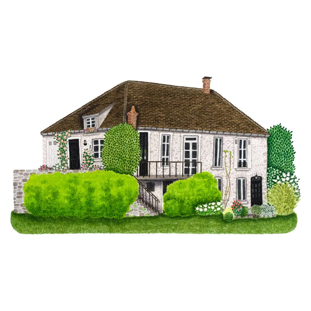 Custom illustrated portrait of a French country farmhouse with rustic charm, hand-drawn details, soft painterly textures, and elegant farmhouse style