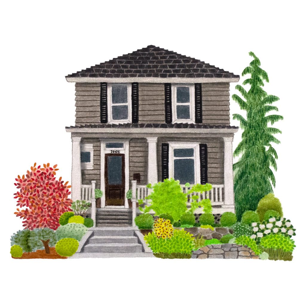 Custom illustrated portrait of a modern craftsman style home with detailed architecture, hand-drawn textures, and artistic painted charm