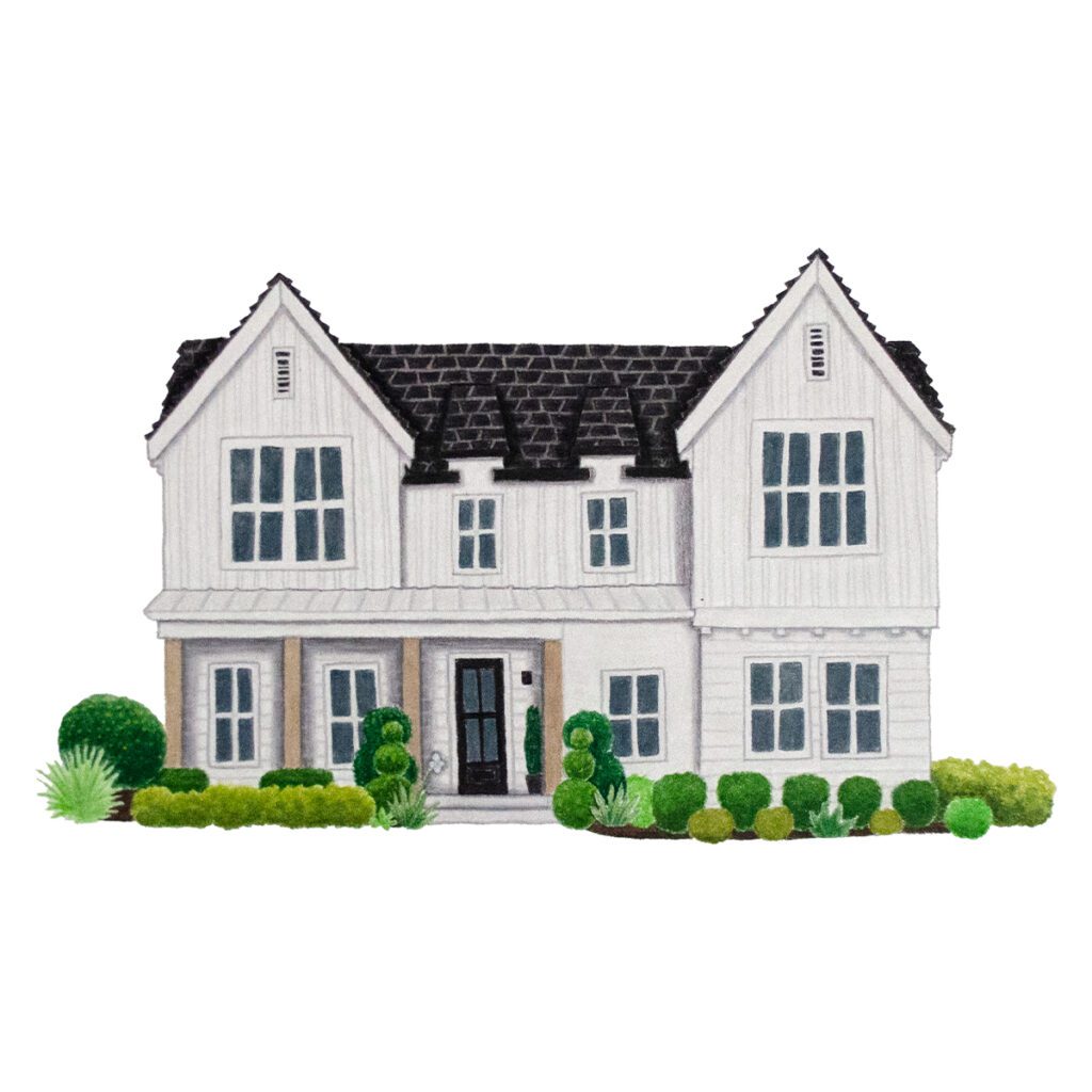 Custom illustrated portrait of a modern white farmhouse featuring clean lines, rustic charm, and detailed hand-drawn textures