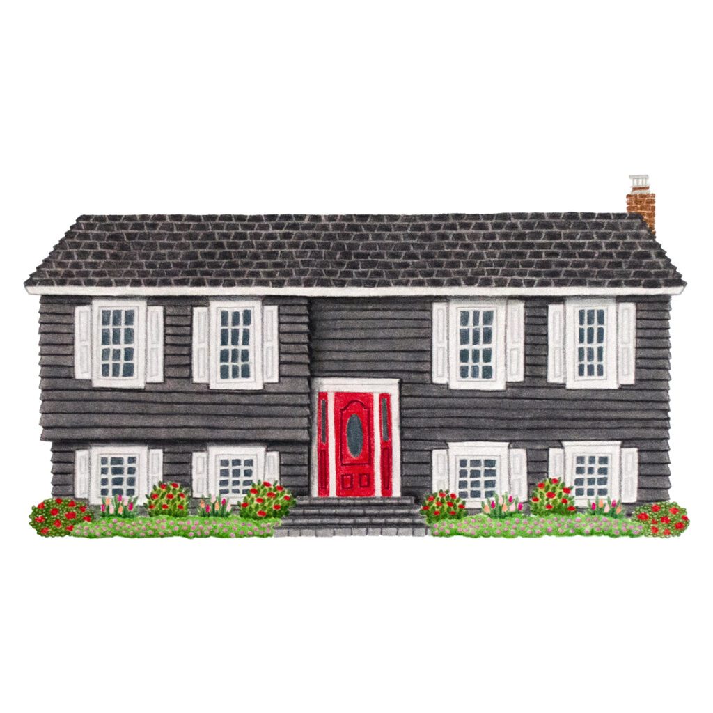 Custom illustrated portrait of a moody split-level home with architectural details, hand-drawn textures, and atmospheric painterly style