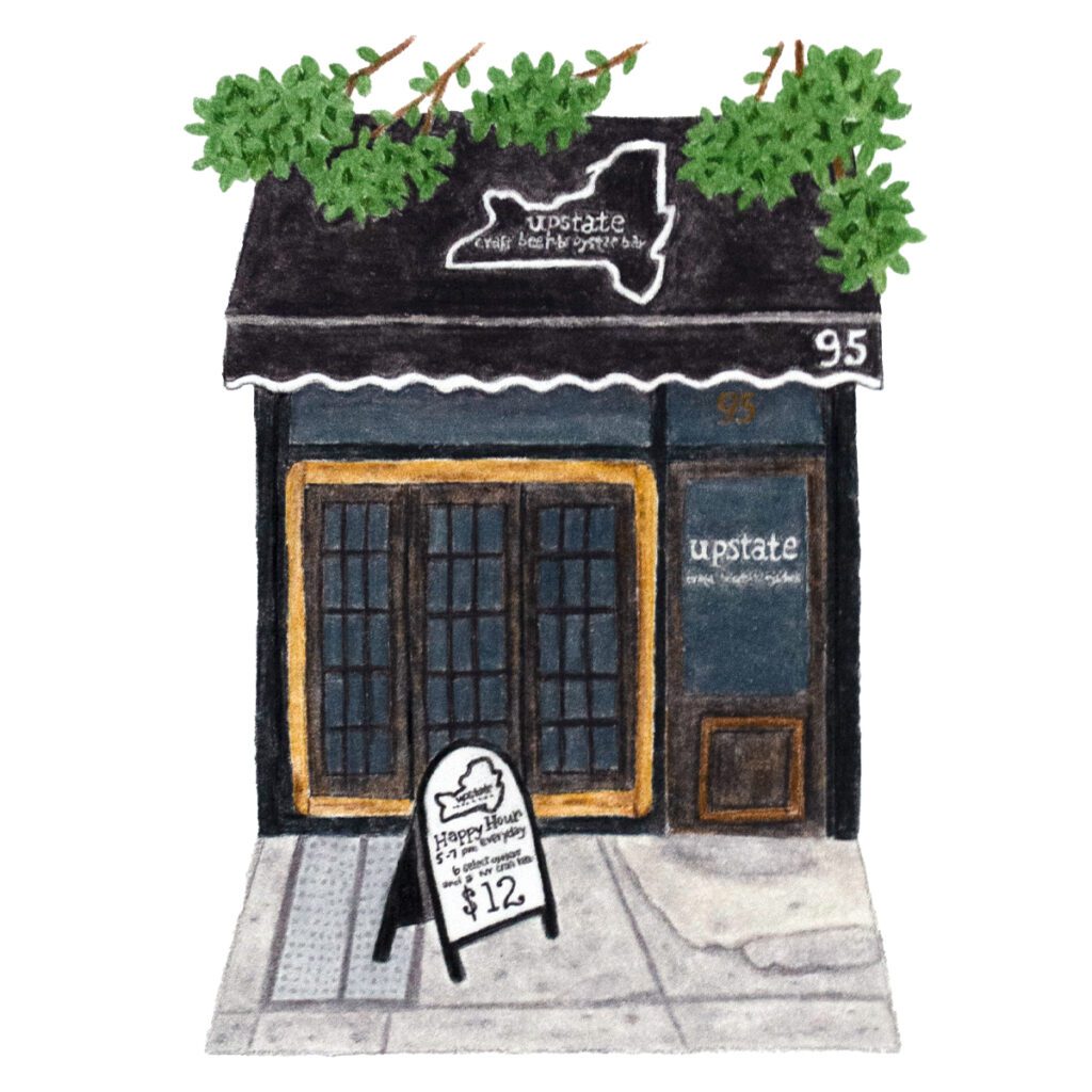Custom illustrated portrait of a New York oyster bar with charming exterior details, signage, and hand-drawn artistic textures