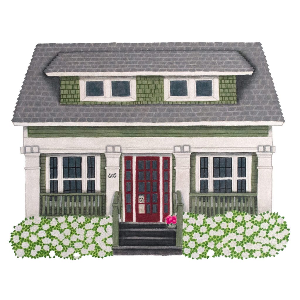 Custom illustrated portrait of an olive green Craftsman home with detailed woodwork, wide eaves, and hand-drawn artistic textures