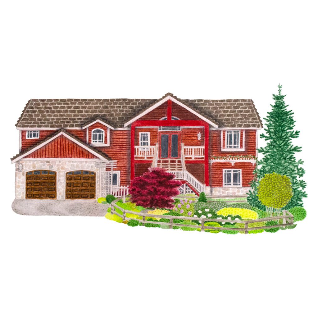 Custom illustrated portrait of a red Pacific Northwest rural home surrounded by trees and countryside, featuring charming architectural details in a hand-drawn artistic style