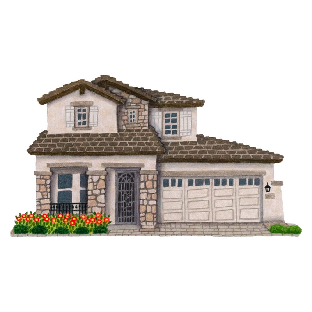 Custom illustrated portrait of a suburban stucco home with charming architectural details, landscaped yard, and hand-drawn artistic textures